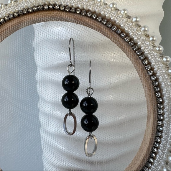 Onyx Beaded Earrings with Oval Stainless Steel Charms - Picture 1 of 12
